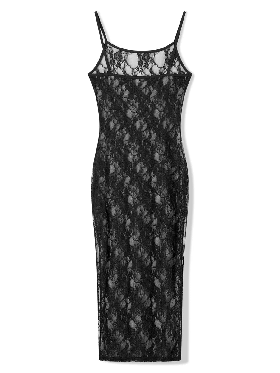 Fashion Spaghetti Strap See Through Midi Dress Women Black Sexy Sheer Mesh Lace Floral Dresses Chic Y2K Beach Outfits Vestidos Cozy Knit Midi Dress