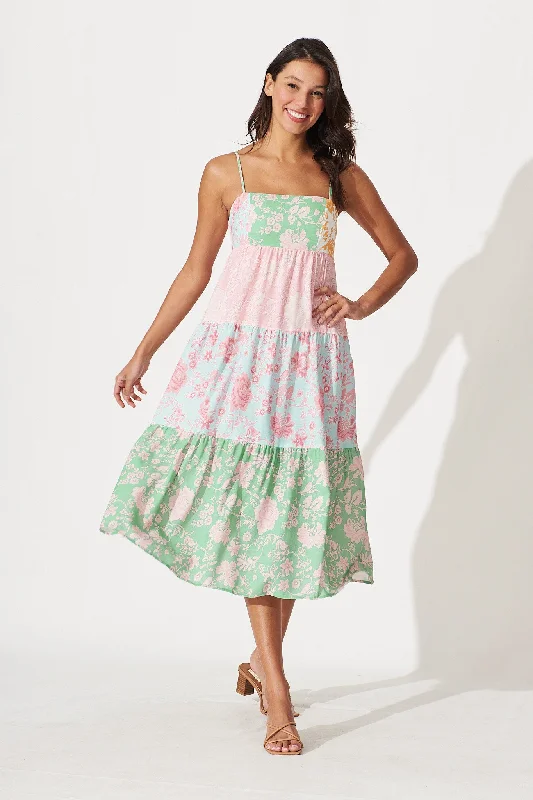 Fay Midi Dress In Green With Pink And Blue Patchwork Floral Linen Blend Fashionable Skater Midi Dress