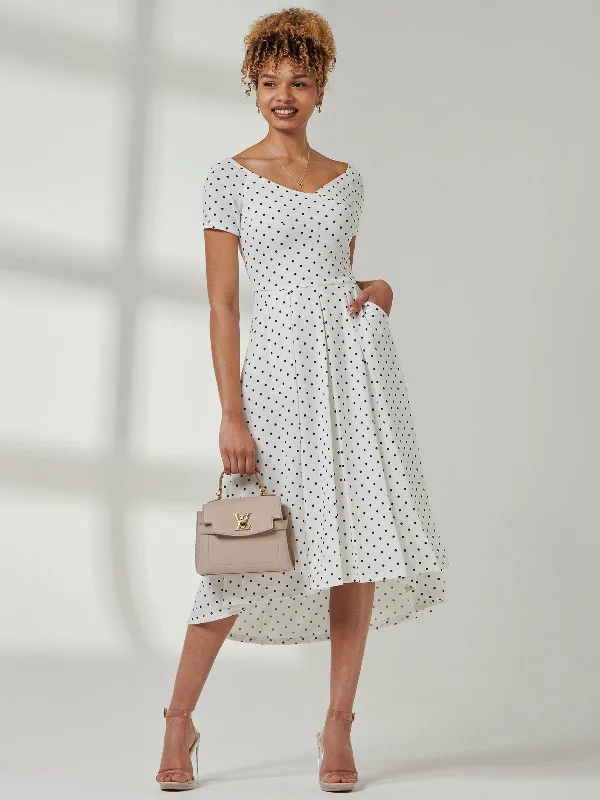 Fit & Flare Pleated Ponte Midi Dress, White Polka Dot Trendy Off-Shoulder Button Midi Dress Fit & Flare Pleated Ponte Midi Dress, White Polka Dot Trendy Off-Shoulder Button Midi Dress