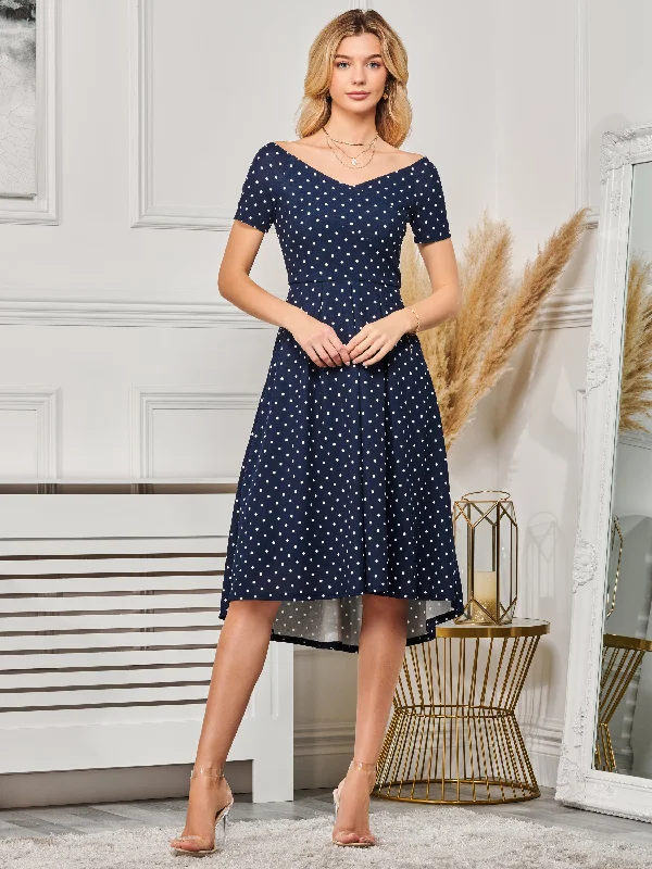 Fit & Flare Pleated Ponte Midi Dress, Navy Spot Classic Black Midi Dress