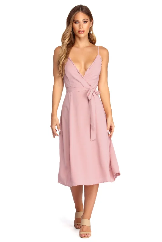 Flirty In Ruffles Midi Dress Elegant Faux Wrap Midi Dress