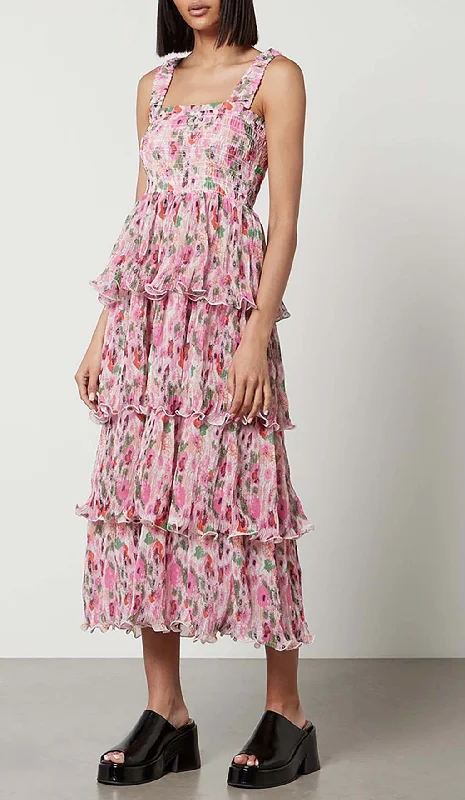 FLORAL-APPLIQUÉ TIERED MIDI DRESS IN PINK Stylish Pleated Skirt Midi Dress