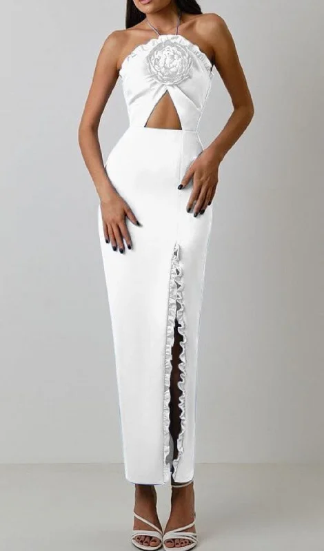 FLORAL EMBELLISHED SLIT MIDI DRESS IN WHITE Comfortable Deep V Midi Dress