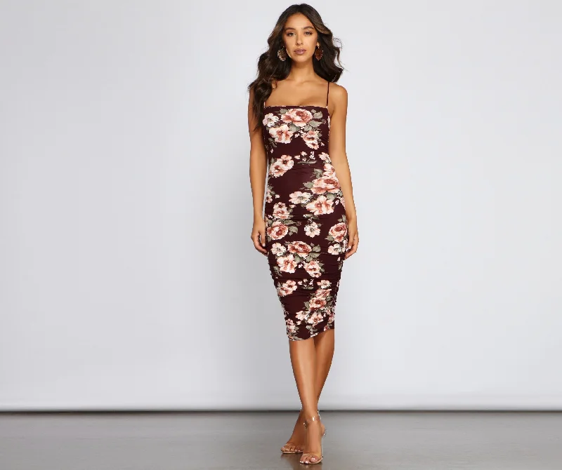 Floral Lover Ruched Midi Dress Trendy Smocked Detail Midi Dress