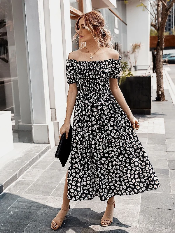 Floral Off Shoulder Split Swing Midi Dress Trendy Long Sleeve Midi Dress