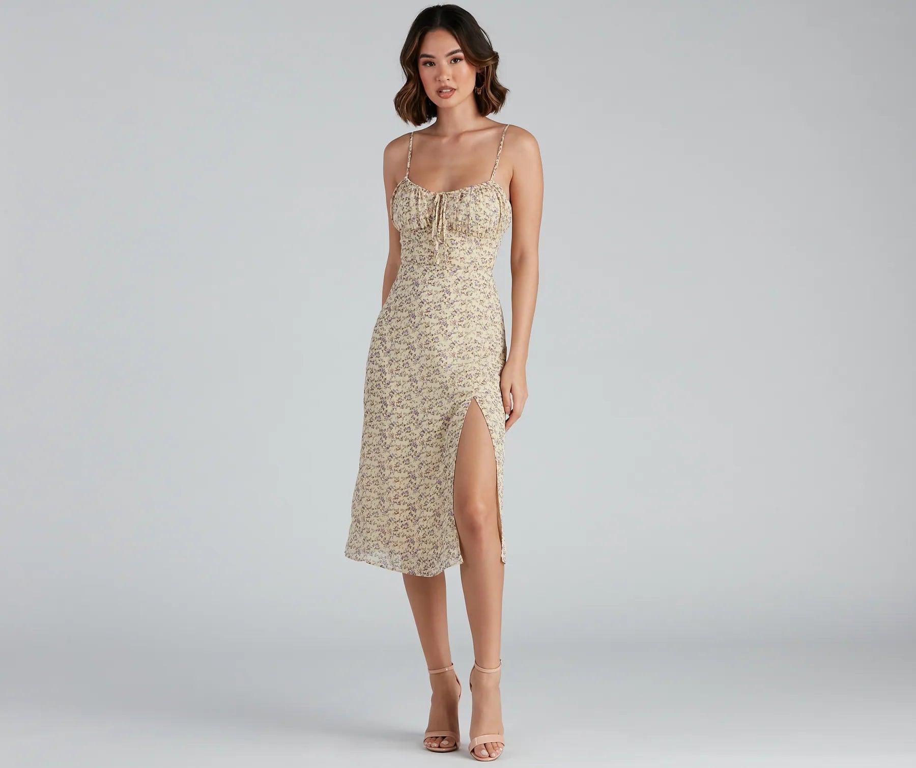 Floral Retreat Chiffon Sweetheart Midi Dress Cozy Spaghetti Strap Midi Dress