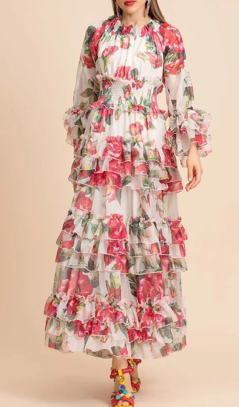 FLORAL TIERED MIDI DRESS IN PINK Stylish High-Waisted Midi Dress