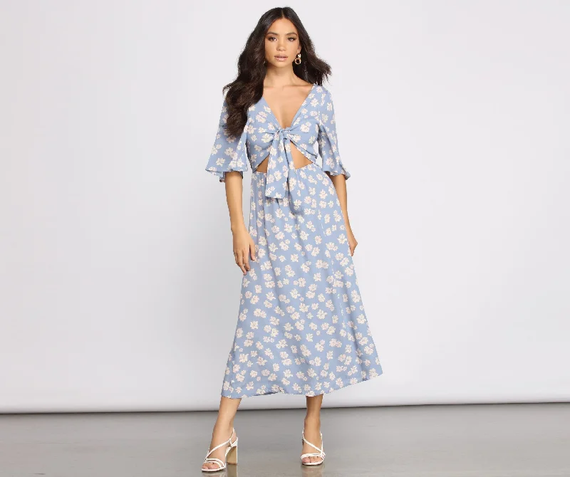 Flowy Floral Woven Midi Dress Trendy Ruched Side Midi Dress