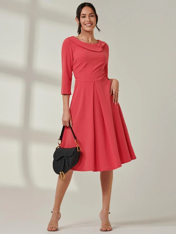 Fold Neckline Sleeved Midi Dress, Watermelon Fashionable One-Shoulder Midi Dress