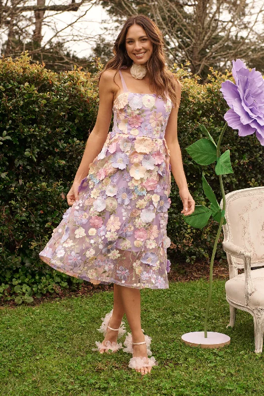 Garden Of Time Midi Dress In Lilac Floral Embroidered Tulle Trendy Fit-and-Flare Midi Dress