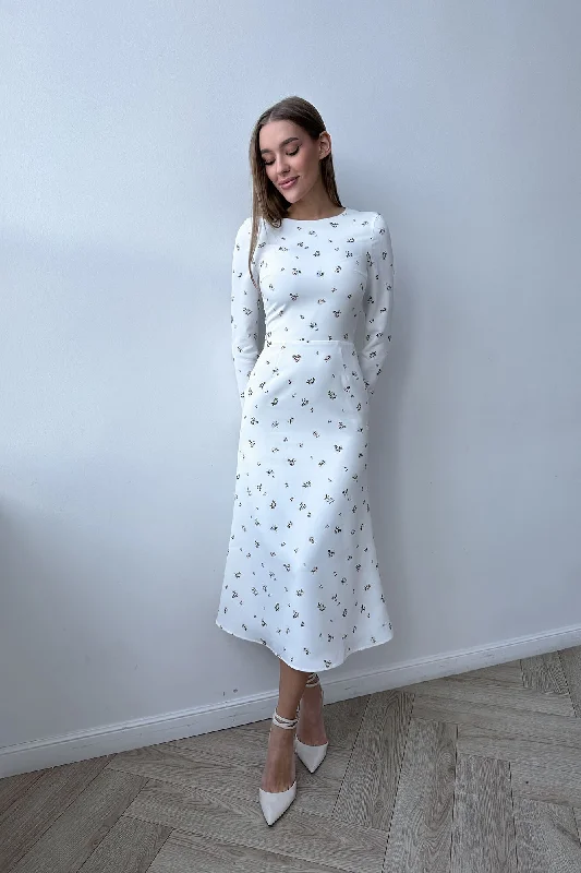 Godet Silhouette Long Sleeve Midi Dress Cozy Midi Dress with Pockets