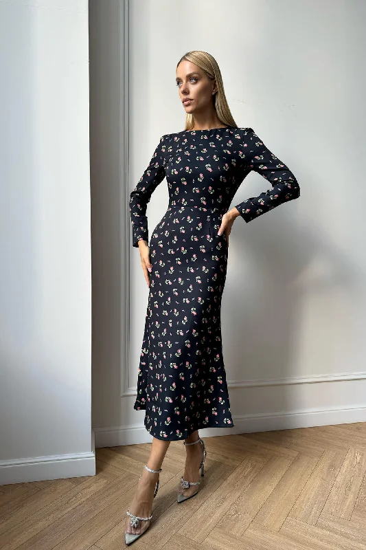 Godet Silhouette Long Sleeve Floral Midi Dress Trendy Off-Shoulder Button Midi Dress