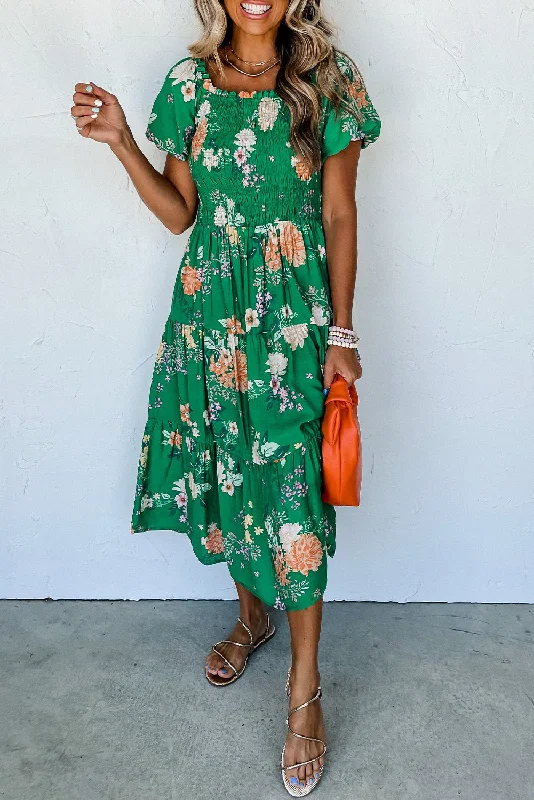 Green Floral Print Bubble Sleeve Smocked Tiered Midi Dress Cozy T-shirt Midi Dress