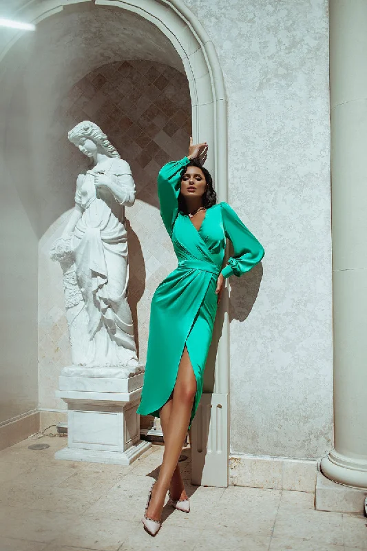 Green Wrap Long Sleeve Midi Dress Trendy Ruched Side Midi Dress