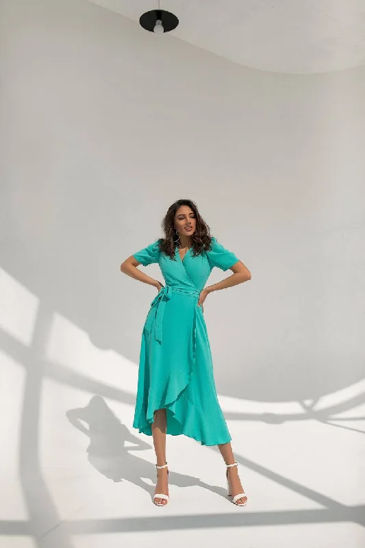 Green Wrap Short Sleeve Midi Dress Comfortable Geometric Print Midi Dress