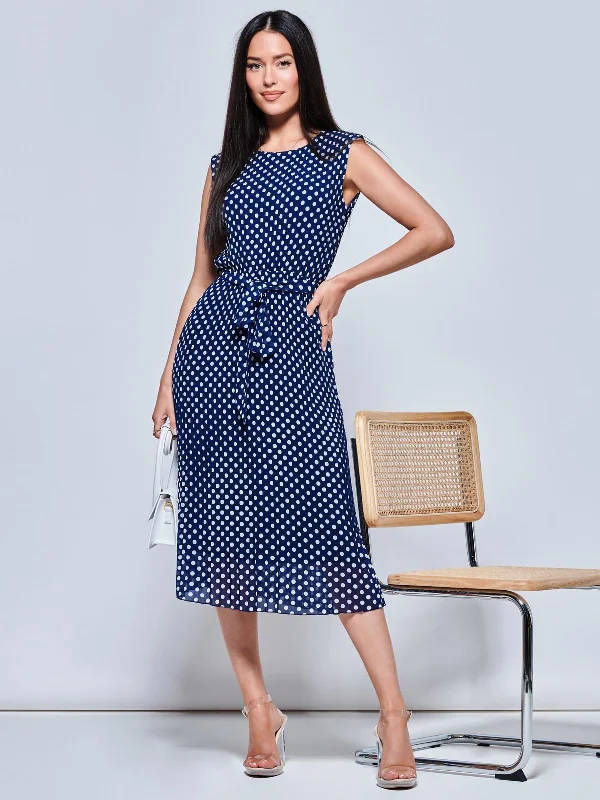 Hayes Pleated Chiffon Midi Dress, Navy Spot Stylish Tiered Midi Dress
