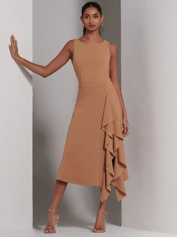 Haylen Frill Detail Midi Dress, Tan Brown Comfortable Ruched Midi Dress