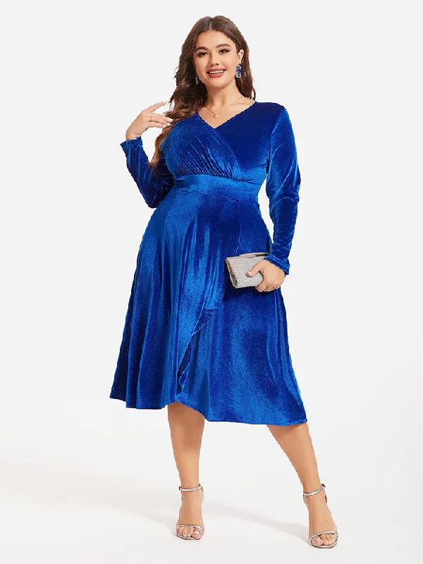 V-Neck Wrap Hem Velvet Midi Dress Trendy Smocked Detail Midi Dress
