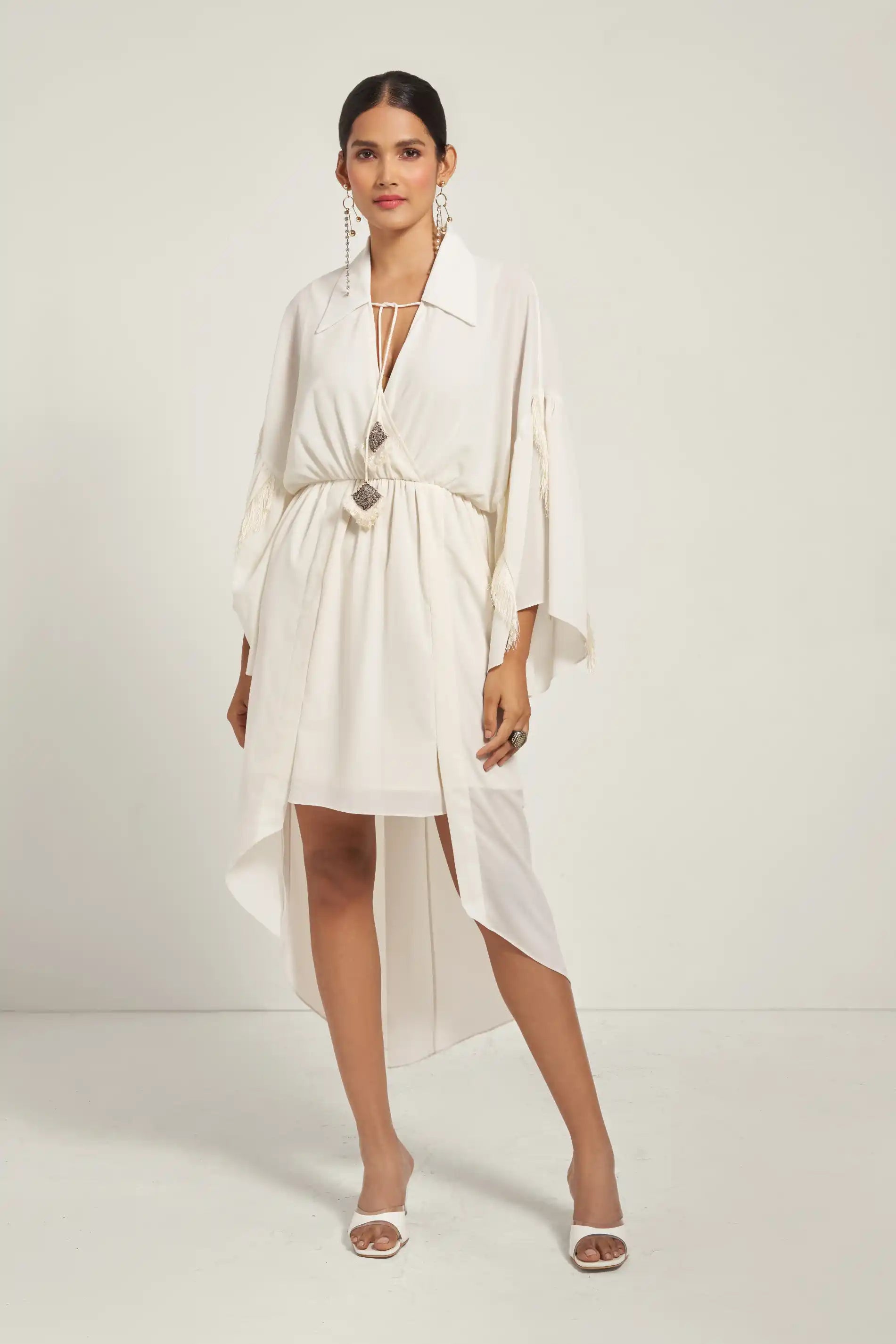 Ivory Wrap Collared Midi Dress Fashionable Casual Midi Dress