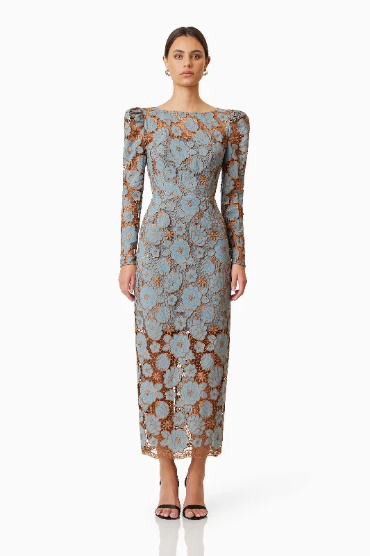 Jasmine Long Sleeve Midi Dress In Blue Fashionable High-Neck Midi Dress