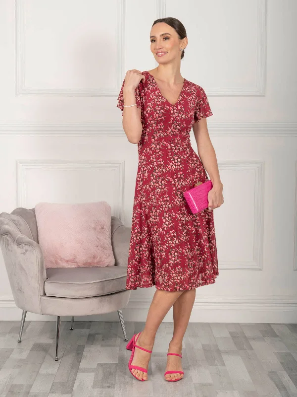 Jolie Moi Grace Mesh Midi Dress, Wine Floral Comfortable Lace-Up Midi Dress