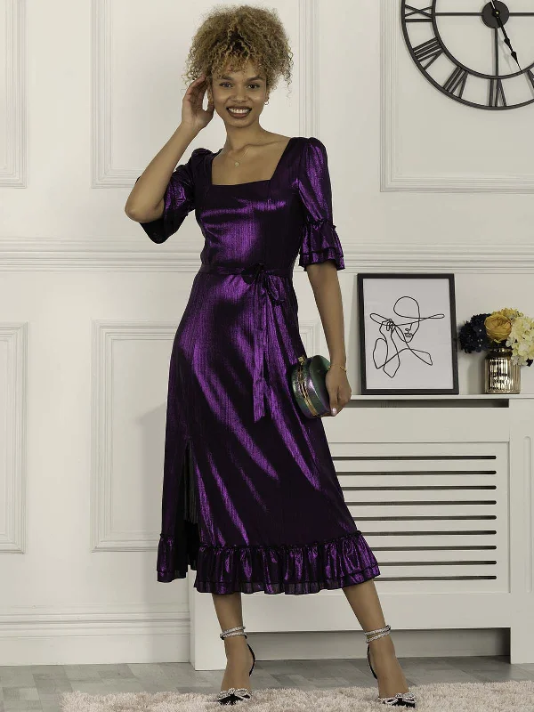 Jolie Moi Janice Square Neck Frill Midi Dress, Dark Purple Stylish Button-Up Midi Dress Jolie Moi Janice Square Neck Frill Midi Dress, Dark Purple Stylish Button-Up Midi Dress
