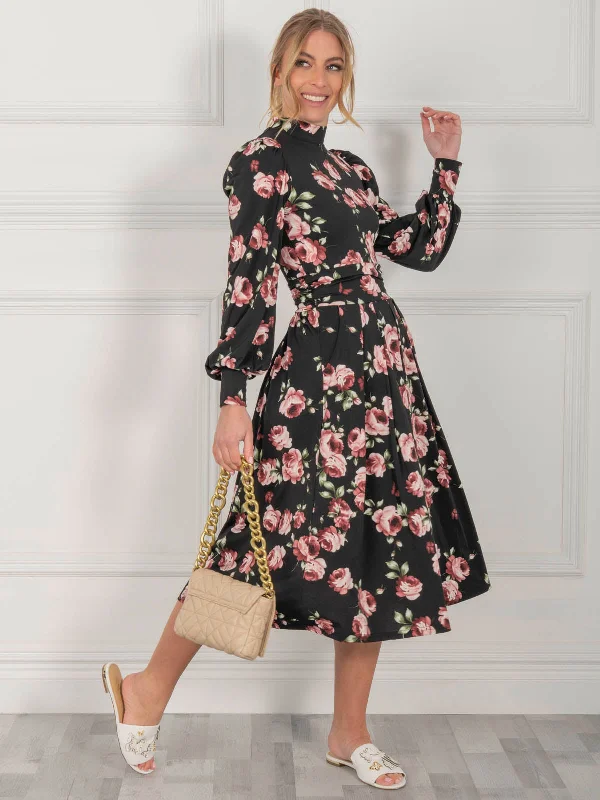 Jolie Moi Kathryn Long Sleeve Midi Dress, Black Floral Trendy Off-Shoulder Button Midi Dress Jolie Moi Kathryn Long Sleeve Midi Dress, Black Floral Trendy Off-Shoulder Button Midi Dress