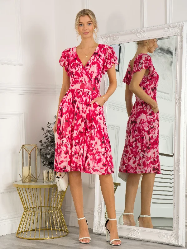Jolie Moi Wrap Mesh Midi Dress, Pink Abstract Cozy A-Line Midi Dress