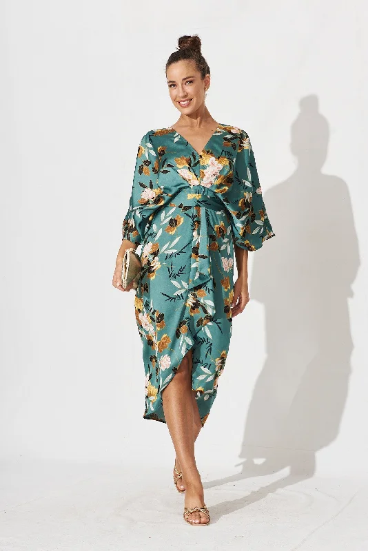 Joyful Midi Dress In Green With Blush Floral Satin Fashionable Pencil Midi Dress