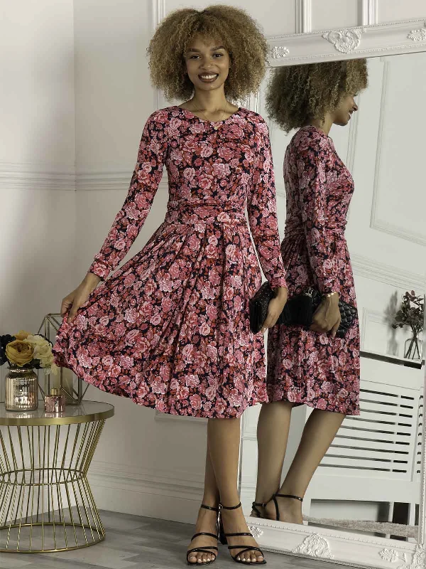 Kalani Long Sleeve Midi Dress, Navy Floral Fashionable Fitted Midi Dress