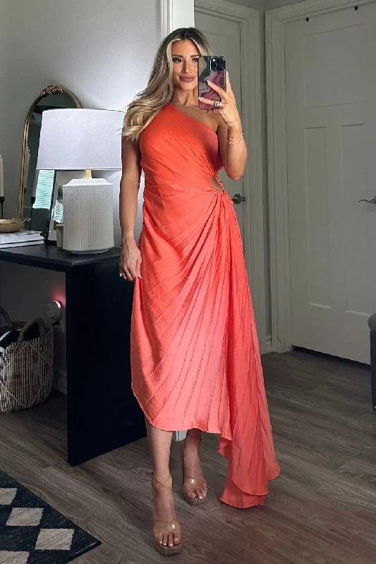 Keep My Promises Pleated Asymmetrical Midi Dress: Coral Fashionable One-Shoulder Midi Dress