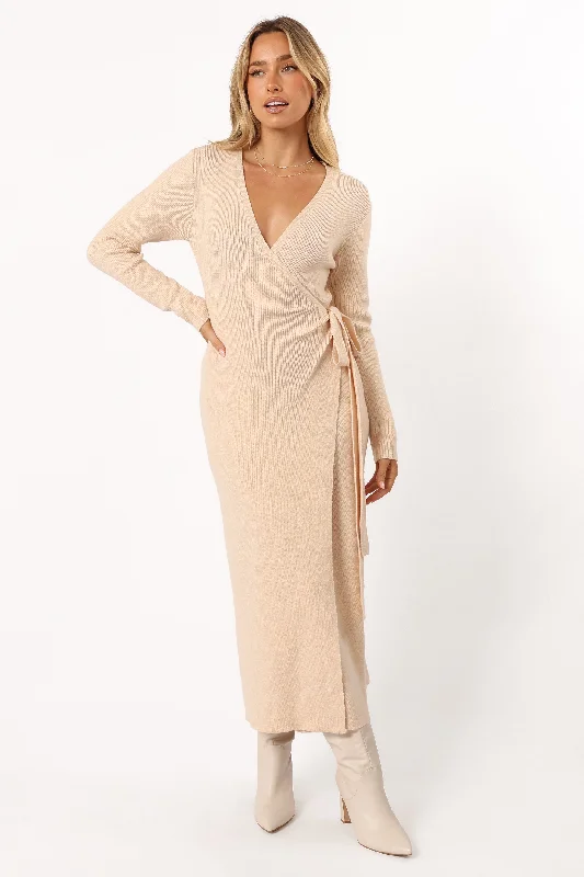 Kellan Wrap Midi Dress - Beige Stylish Color Block Midi Dress