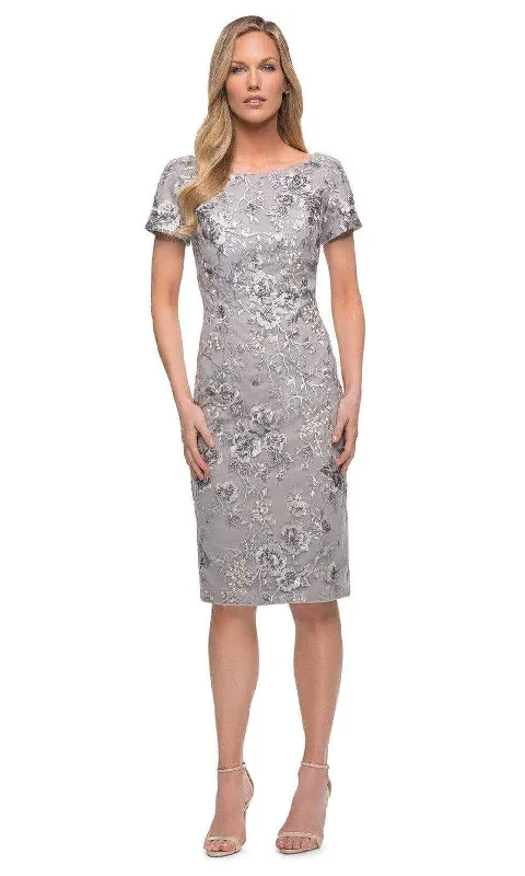 La Femme - 29824 Short Sleeve Floral Embroidered Midi Dress Comfortable Empire Waist Midi Dress