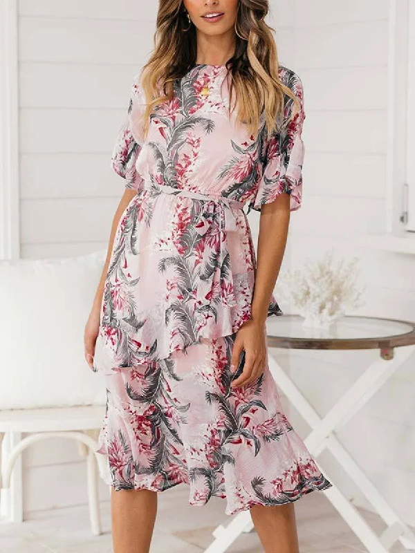 Ladies Short Sleeve Floral Printed Midi Dress Comfortable Ruched Midi Dress