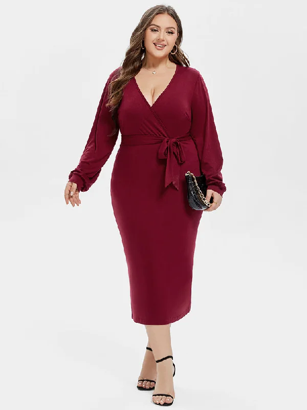 V-Neck Lantern Sleeve Belted Wrap Midi Dress Trendy Shift Midi Dress