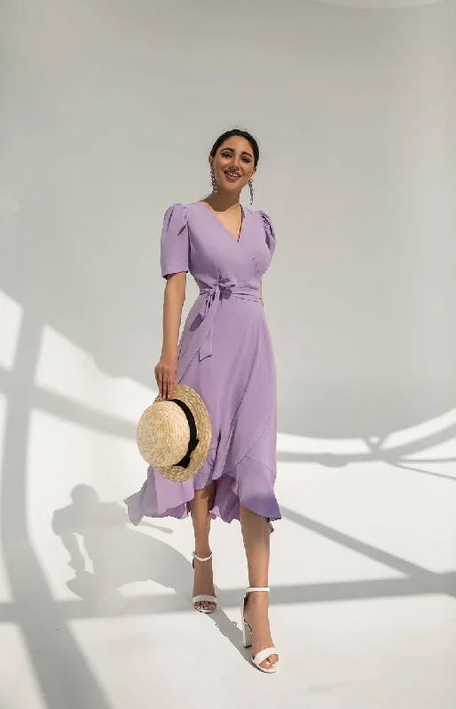 Lavender Wrap Short Sleeve Midi Dress Trendy Tiered Hem Midi Dress