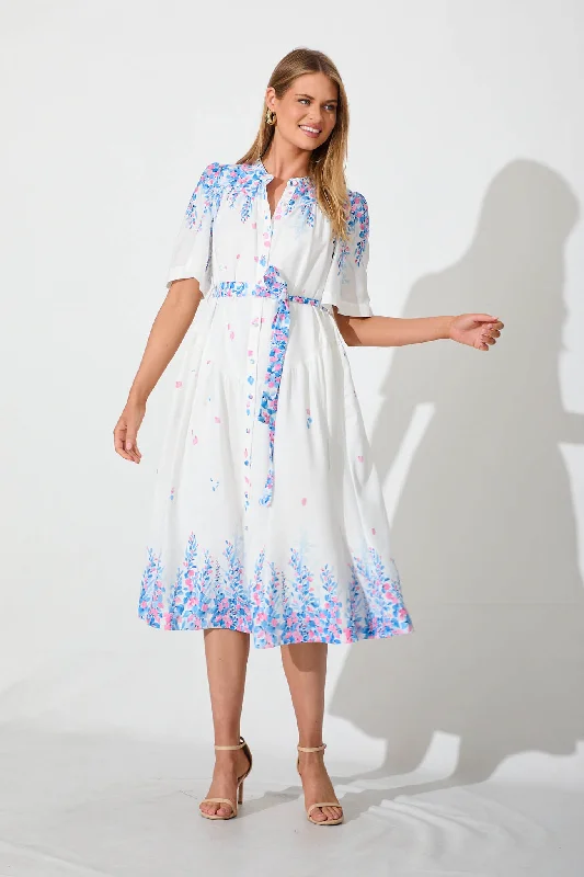 Laylah Midi Dress In White With Blue Floral Placement Linen Blend Cozy Tie-Dye Midi Dress