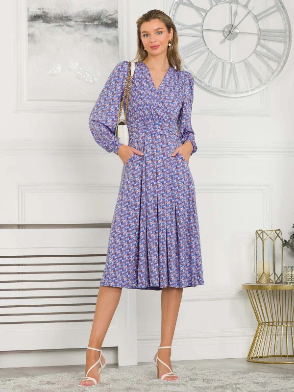 Libby Long Sleeve Midi Dress, Blue Floral Cozy Ribbed Knit Midi Dress