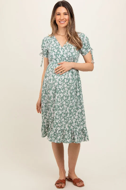 Light Olive Floral Wrap Maternity Midi Dress Fashionable Chiffon Midi Dress