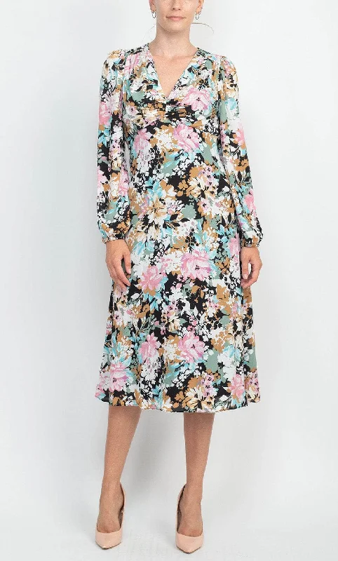 London Times T6080M - Printed Floral Empire Midi Dress Fashionable Pleated Midi Dress