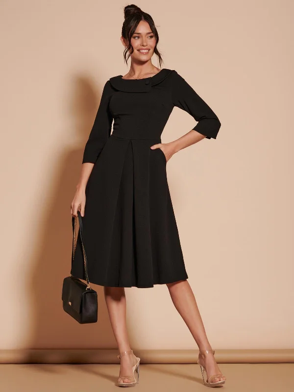 3/4 Sleeve Fold Neck Midi Dress, Black Fashionable Pencil Midi Dress