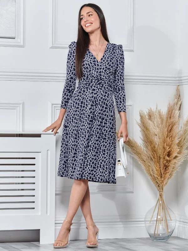 Long Sleeve Jersey Midi Dress, Navy Geo Elegant Floral Skirt Midi Dress