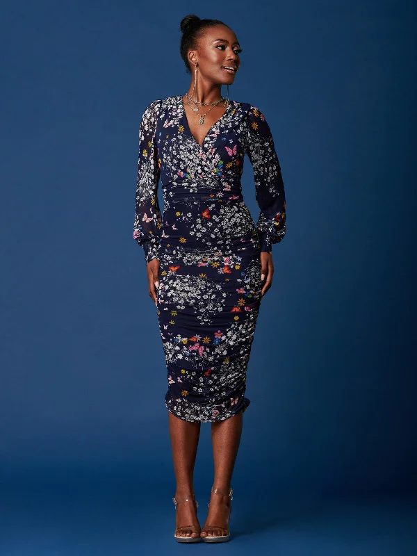 Long Sleeve Ruched Mesh Midi Dress, Navy Floral Trendy Fit-and-Flare Midi Dress