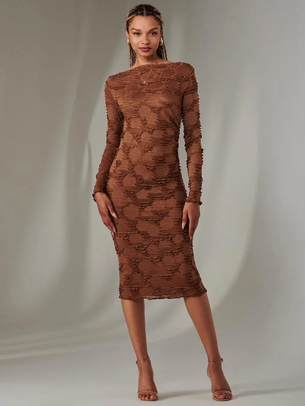 Long Sleeve Textured Midi Dress, Dark Brown Cozy Tie-Dye Midi Dress
