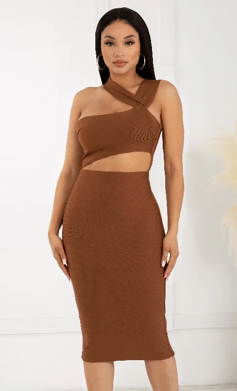 Love Me Right Brown Side Cut Out One Shoulder Bandage Sleeveless Bodycon Wrapped Shoulder Pencil Midi Dress Fashionable Shift Midi Dress Love Me Right Brown Side Cut Out One Shoulder Bandage Sleeveless Bodycon Wrapped Shoulder Pencil Midi Dress Fashionable Shift Midi Dress