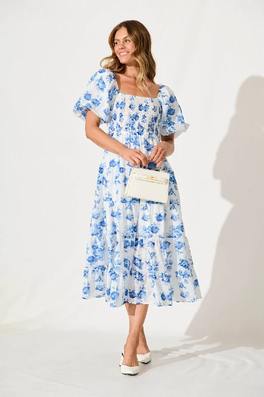 Luella Midi Dress In White With Blue Floral Cotton Blend Elegant V-Neck Midi Dress