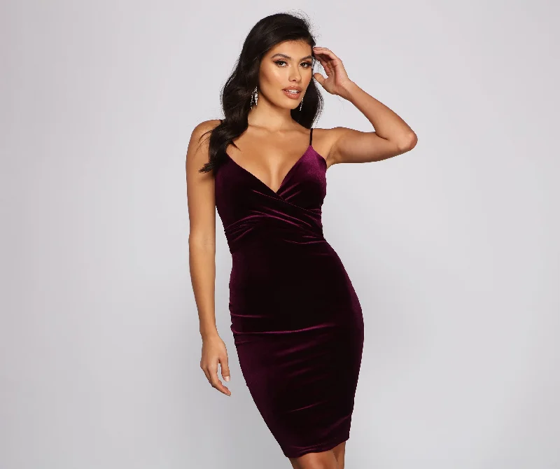 Luxe Velvet Wrap Front Midi Dress Trendy Square Neck Midi Dress