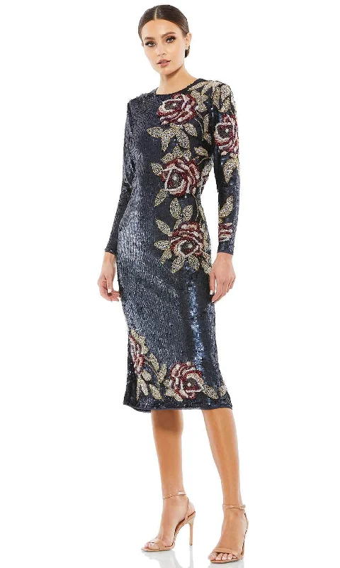 Mac Duggal 93624 - Floral Beadwork Long Sleeved Midi Dress Comfortable Knitwear Midi Dress