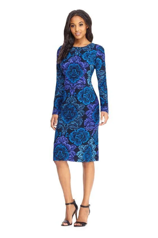 Maggy London - GSF03M Long Sleeve Floral Print Midi Dress - 1 Pc Navy Blue in Size 4 Available Comfortable Button Front Midi Dress