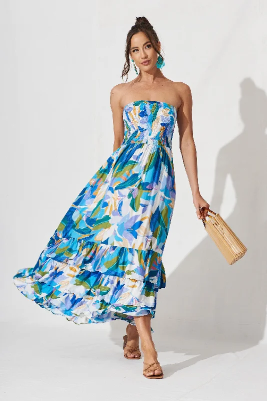 Mastyn Midi Dress In Blue Floral Elegant Satin Midi Dress